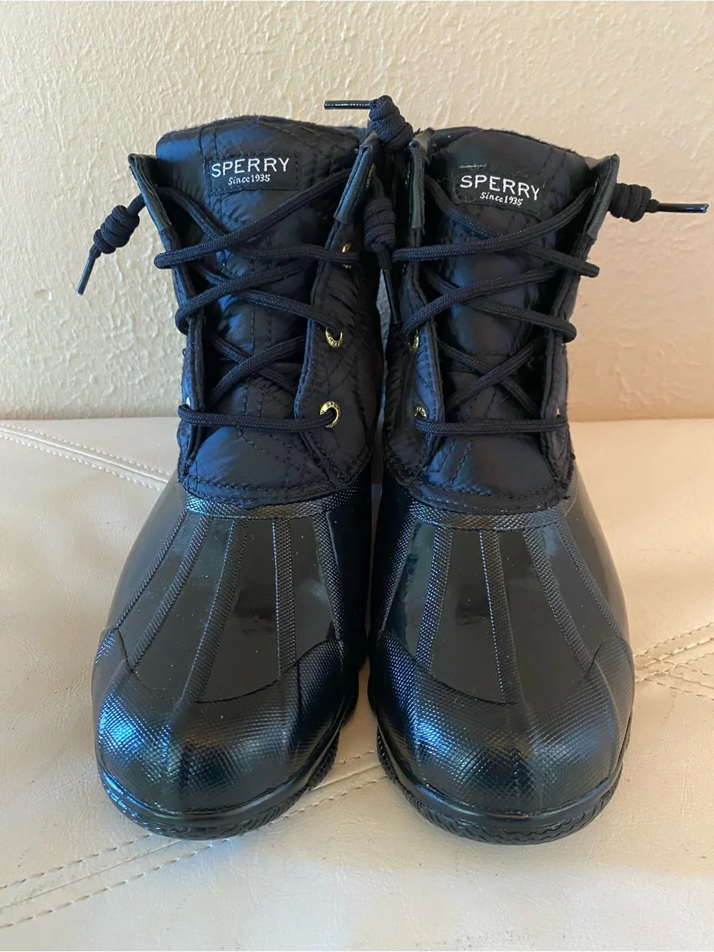 Sperry Syren Duck Boots Black Quilted Lace-Up Rain Ankle Boots Size 8.5